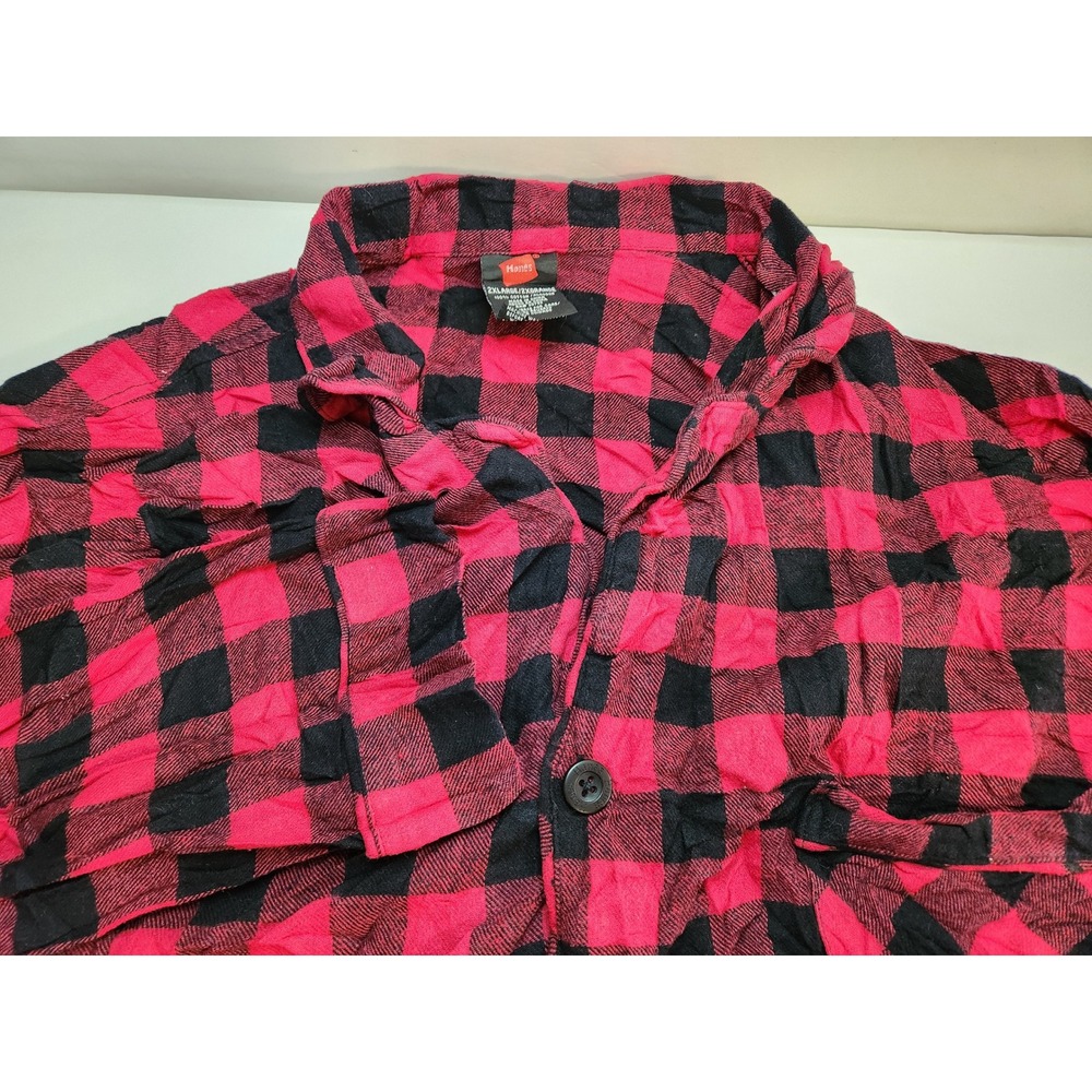 Hanes Mens Flannel Plaid Button Up Long Sleeve Shirt Red Black 2XL XXL